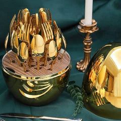 Premium Cutlery Set 24 Pcs with Oval Shaped Stand | Beautiful Stylish Oval Designed Cutlery Sets, Egg-Shaped Luxury Spoon Holder Set (Golden / 24 pcs set)