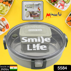 Miracle Stainless Steel Round Lunch Box, with Small Plastic Box Insert Leak Proof Lunch Box with Transparent lid, Lunch Box for Kids & Adults for School, Office (450 ML 250 ML Approx)