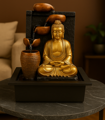 Gold Buddha statue on a black base with decorative elements on a marble table.