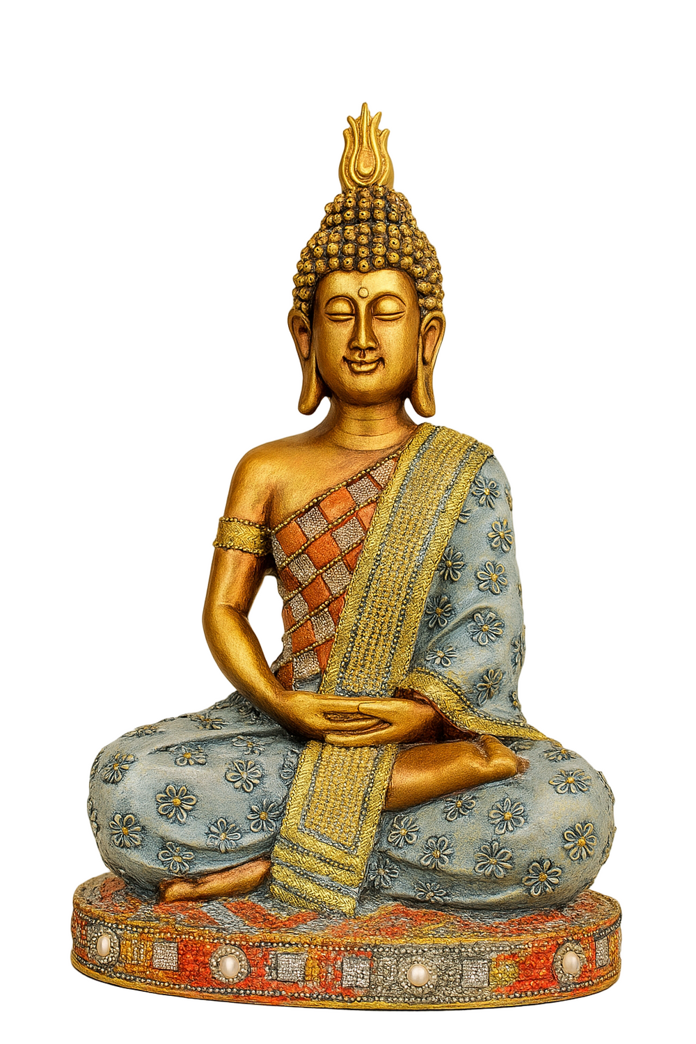 Gold and blue Buddha statue on a beige background