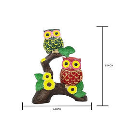 Owl Garden Figurine, 8 Inch Height, Tree Branch Design with Sunflowers, Green and Red,Handmade Animal Figurines for Home Decor