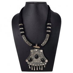 High Finished Black Beads and Oxidized Silver Pendant Designer Necklace