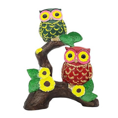 Owl Garden Figurine, 8 Inch Height, Tree Branch Design with Sunflowers, Green and Red,Handmade Animal Figurines for Home Decor