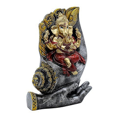 Lord Ganesha Statue on Palm Hand Gold and Red, 8.5 x 7 inch Handmade Hindu Idol, Spiritual Home Decor, Pooja Room Figurine