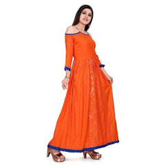 Generic Women's Rayon Cotton Orange Embroidered Long Kurti