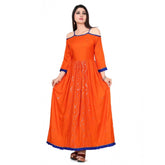 Generic Women's Rayon Cotton Orange Embroidered Long Kurti