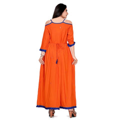 Generic Women's Rayon Cotton Orange Embroidered Long Kurti