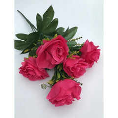 Generic Artificial Flowers Bunch Bouquet Of 5 Roses For Home Decoration (Dark Pink, Material:Silk, Polyester)