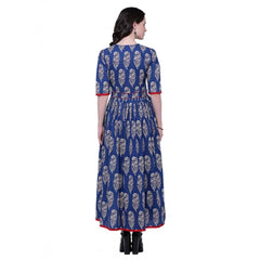 Generic Women's Cotton Printed Anarkali Kurti (Blue, Cotton)