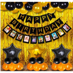 Generic Happy Birthday Decoration Combo Of Curtain And Metallic And Foil Balloons (Multicolor)