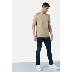 Generic Men's Casual Half sleeve Solid Polyester Crew Neck T-shirt (Beige)