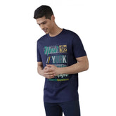 Generic Men's Casual Half sleeve Printed Polyester Crew Neck T-shirt (Navy)