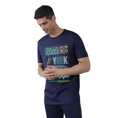 Generic Men's Casual Half sleeve Printed Polyester Crew Neck T-shirt (Navy)