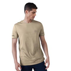 Generic Men's Casual Half sleeve Solid Polyester Crew Neck T-shirt (Beige)