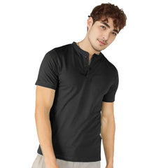 Generic Men's Casual Half sleeve Solid Cotton Henley Neck T-shirt (Black)