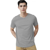 Generic Men's Casual Half sleeve Solid Cotton V Neck T-shirt (Grey Melange)