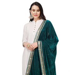 Generic Women's Velvet Gotta Patti Dupatta (Dark Green, Length: 2.25 to 2.50 Mtr)