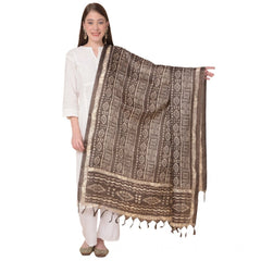 Generic Women's Art Silk Printed Dupatta (Brown, Length: 2.25 to 2.50 Mtr)