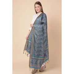 Generic Women's Art Silk Printed Dupatta (Blue, Length: 2.25 to 2.50 Mtr)