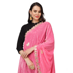 Generic Women's Velvet Gotta Patti Dupatta (Pink, Length: 2.25 to 2.50 Mtr)