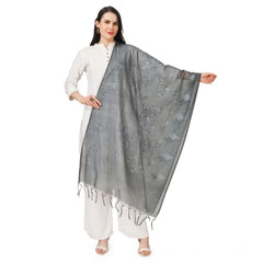 Generic Women's Cotton Embroidered Dupatta (Grey, Length: 2.25 to 2.50 Mtr)