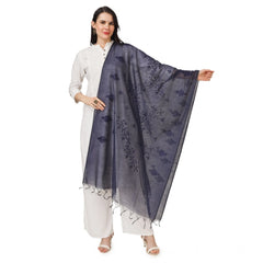 Generic Women's Cotton Embroidered Dupatta (Dark Blue, Length: 2.25 to 2.50 Mtr)