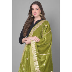 Generic Women's Velvet Gotta Patti Dupatta (Olive, Length: 2.25 to 2.50 Mtr)