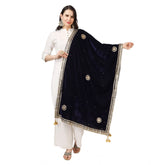 Generic Women's Velvet Gotta Patti Dupatta (Blue, Length: 2.25 to 2.50 Mtr)