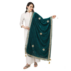 Generic Women's Velvet Gotta Patti Dupatta (Dark Green, Length: 2.25 to 2.50 Mtr)