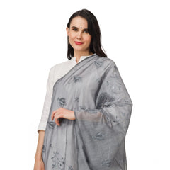 Generic Women's Cotton Embroidered Dupatta (Grey, Length: 2.25 to 2.50 Mtr)