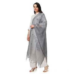 Generic Women's Cotton Embroidered Dupatta (Grey, Length: 2.25 to 2.50 Mtr)