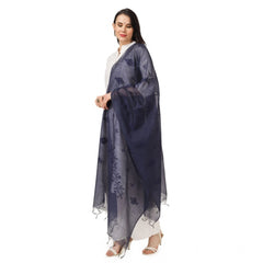 Generic Women's Cotton Embroidered Dupatta (Dark Blue, Length: 2.25 to 2.50 Mtr)