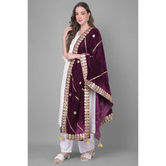 Generic Women's Velvet Gotta Patti Dupatta (Wine, Length: 2.25 to 2.50 Mtr)