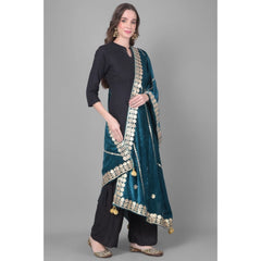 Generic Women's Velvet Gotta Patti Dupatta (Teal, Length: 2.25 to 2.50 Mtr)