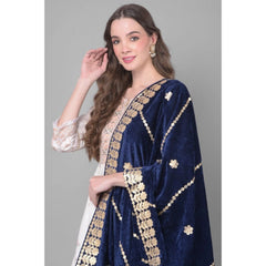 Generic Women's Velvet Gotta Patti Dupatta (Navy, Length: 2.25 to 2.50 Mtr)