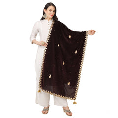 Generic Women's Velvet Gotta Patti Dupatta (Brown, Length: 2.25 to 2.50 Mtr)