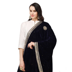 Generic Women's Velvet Gotta Patti Dupatta (Blue, Length: 2.25 to 2.50 Mtr)