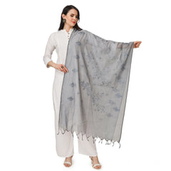 Generic Women's Cotton Embroidered Dupatta (Grey, Length: 2.25 to 2.50 Mtr)