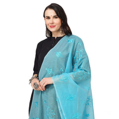 Generic Women's Cotton Embroidered Dupatta (Aqua Blue, Length: 2.25 to 2.50 Mtr)
