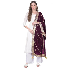 Generic Women's Velvet Gotta Patti Dupatta (Wine, Length: 2.25 to 2.50 Mtr)