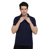 Generic Men's Casual Half Sleeve Solid Cotton Blended Polo Neck T-shirt (Navy Blue)