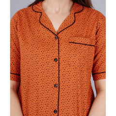 Generic Women's Casual Half Sleeve Printed Viscose Rayon Shirt With Pyjama Pant Night Suit Set (Brown)