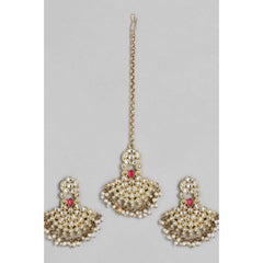 Generic Women's Rose Gold Plated Alloy Kundan Earrings & Mangtikka (White)