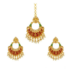 Generic Women's Rose Gold Plated Alloy Kundan Earrings & Mangtikka (Red & Green)