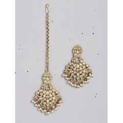 Generic Women's Rose Gold Plated Alloy Kundan Earrings & Mangtikka (White)
