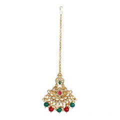 Generic Women's Rose Gold Plated Alloy Kundan Earrings & Mangtikka (Red & Green)