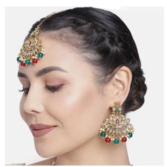 Generic Women's Rose Gold Plated Alloy Kundan Earrings & Mangtikka (Red & Green)