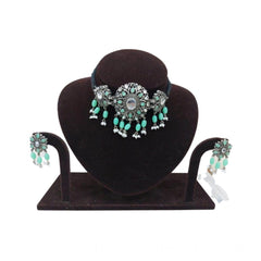 Generic Women's Rose Gold Plated Alloy Necklace & Earings Set (Light Green)