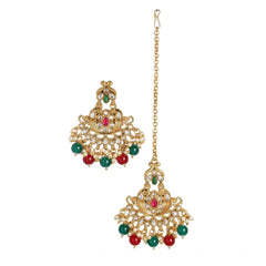 Generic Women's Rose Gold Plated Alloy Kundan Earrings & Mangtikka (Red & Green)