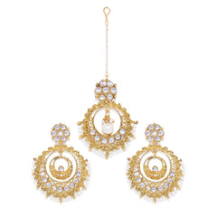 Generic Women's Rose Gold Plated Alloy Kundan Earrings & Mangtikka (White)